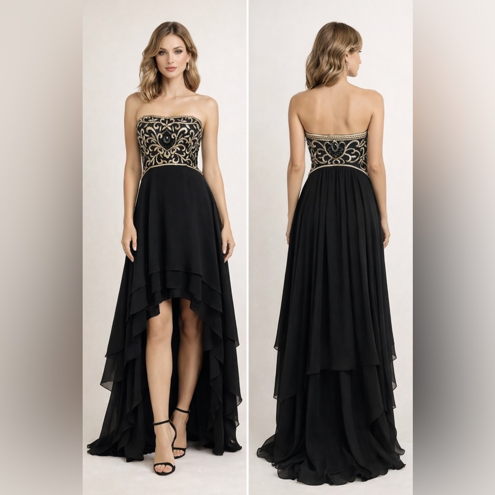Sue Wong Vintage Black Strapless High-Low Beaded Bodice Gown Sz. 4